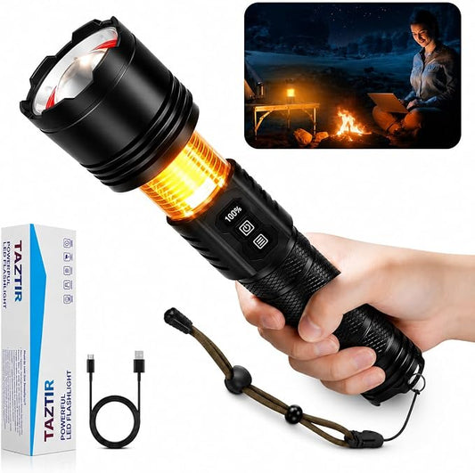Flashlight Rechargeable, Real 3700 High Lumens, Warm Ambient Light for Camping(6 Modes), Aluminum Alloy Body, Super Bright, Ultra Long Range Spotlight, 5000mAh Tactical Flashlight, IPX5 Waterproof