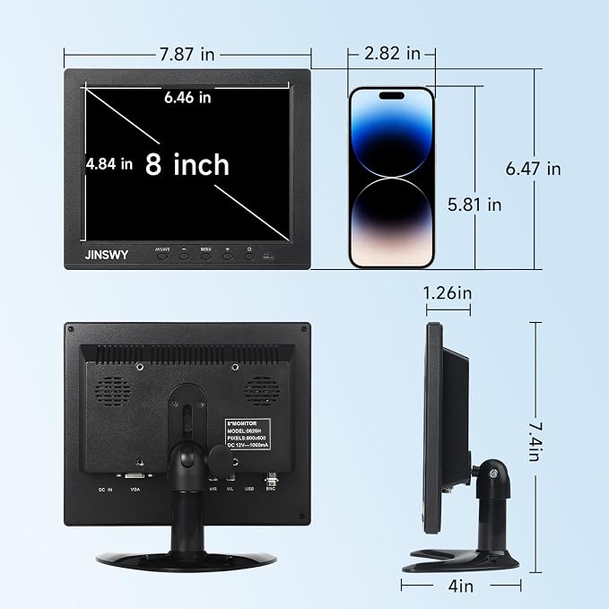 8" Security Monitor, 800x600 HD Display, HDMI VGA BNC AV USB Ports, Small Monitor with Built-in Speakers & Remote Control, for CCTV Surveillance, DVR, PC, Raspberry Pi