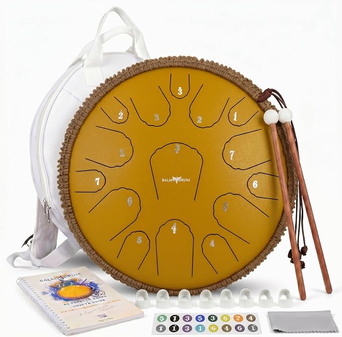 Balmy Drum Steel Tongue Drum 14 inch 15 Notes 440Hz, Handpan Drum with Music Book, Mallets, Carry Bag, Finger Picks, Rain Drum for Outdoor, Meditation Yoga Calming Instruments for Adults Kids (White)