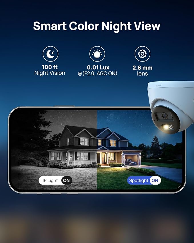 ANNKE 3K PoE Camera with Red & Blue Strobe Flash Light Alarm, IP Turret Security Camera Outdoor Indoor, Two-Way Audio, Color Night Vision, AI Human Detection, 123° Wide Angle, 24/7 Recording, IP67