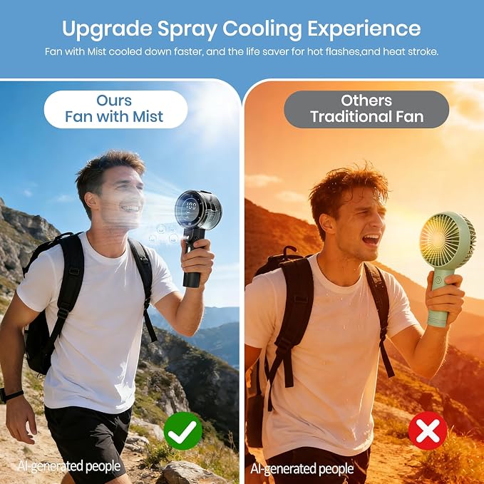 Handheld Misting Fan, 14000 RPM 4000mAh Rechargeable 50ml Tank, 2 Mist Modes Digital Display, Ultra Quiet 38dB USB C Portable Spray Fan for Outdoor Hiking Travel Office Beach Camping