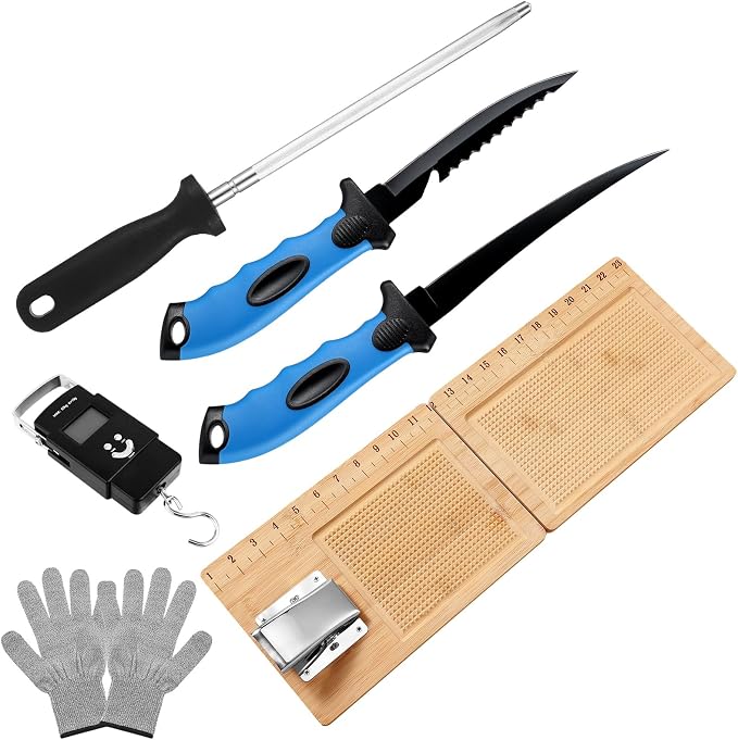 6 Pcs Fish Cleaning Kit Include Cutting Board Fish Fillet Boards with Clamp 2 Knife Cut Resistant Gloves Scale with Built in Measuring Tape Sharpening Rod(Foldable)