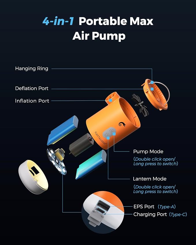 FLEXTAILGEAR 4.5kPa Air Pump for Inflatables, Portable Air Pump with Led Light, 3600 mAh Rechargeable Battery Air Mattress Pump Inflator Pump for Pool Floats Boats Sleeping Pads Inflatable Toys