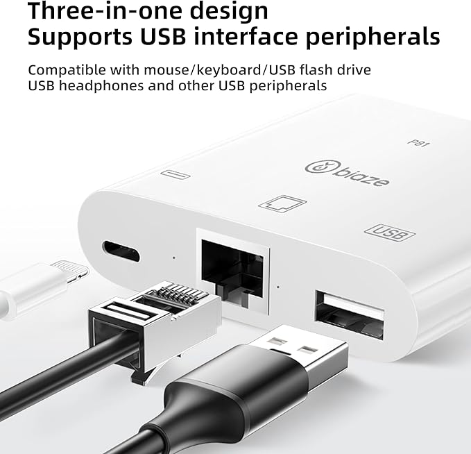 USB to Ethernet Adapter, 3 in 1 RJ45 Ethernet LAN Network Adapter with Charging Port and USB Port Compatible with iPhone 16/15, Laptop, MacBook, PC with Windows(RJ45 3-in-1 USB HUB)