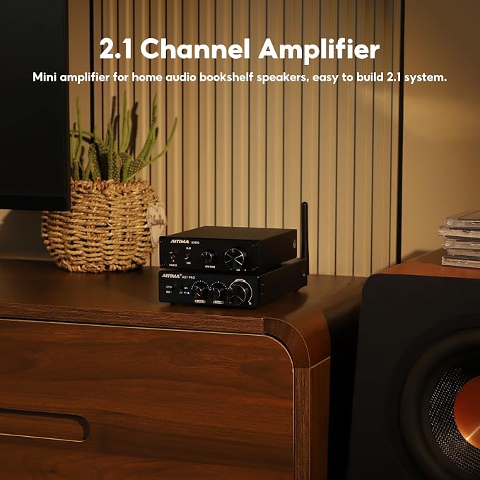 AIYIMA A07 Pro TPA3255 Stereo Amplifier Bluetooth 5.2 300Wx2 HiFi Class D Amp 2.0/2.1 Channel Audio Power Amp for Home Audio Speaker with Bass Treble knobs& 3.5mm Line Output,Supports 24-48V | Aluminum desktop receiver with bass/treble tone controls.St...