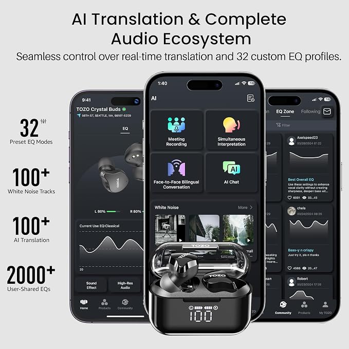 TOZO T18 AI Translation Wireless Earbuds Real-Time, IPX8 Waterproof Bluetooth Headphones, 4 Mic Clear Calls, 80H Playtime, Wireless Charging Case, Stereo Bass, 32 Customized EQ via App