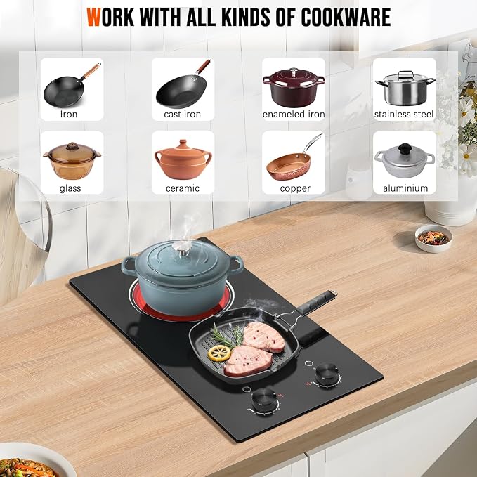 2 Burner Electric Cooktop 110V, 12 Inch Electric Cook Top Plug in, 2000W Electrics Stove with Knob Control, Countertop & Built-in Ceramic Stovetop, 9 Heating Level, Residual Heat Indicator