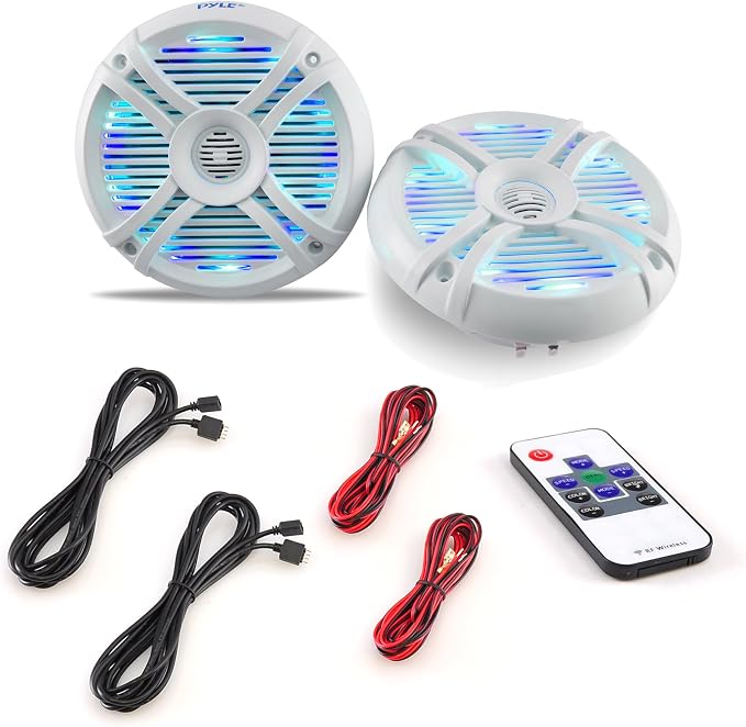Pyle 6.5” Dual Waterproof Marine Speakers - 250W Outdoor Car/Boat Radio Stereo Speakers Waterproof/Weather Proof Marine Stereo Speakers System Pair- LED Light Mount Kit Speaker Wire Grill PLMRX68LEW