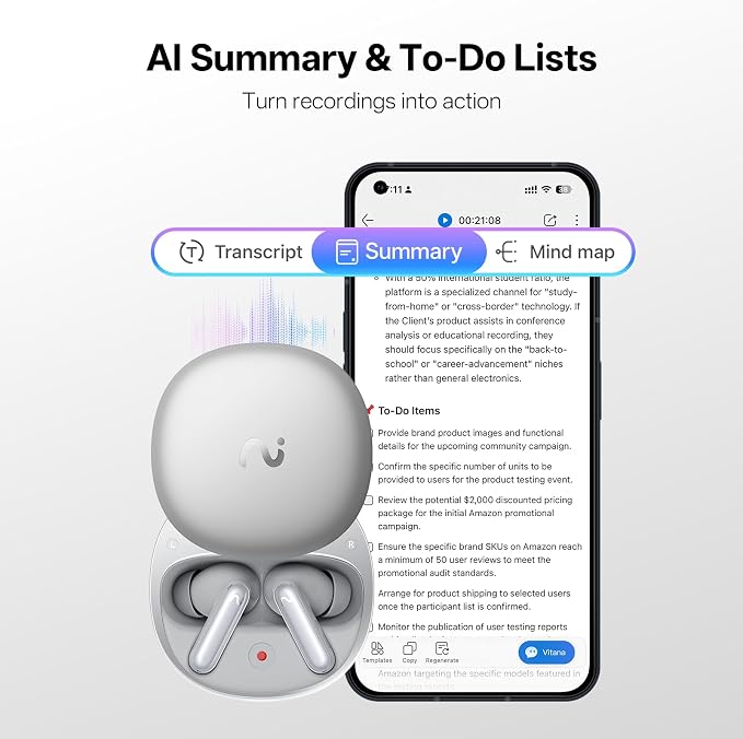 RecDot Voice Recorder Earbuds: Professional AI Note Taker for Meetings, Calls & Lectures. Transcribe & Summarize, 78 Languages, 48dB Hybrid ANC AI Assistant for Deep Work, AES-256 Secure, Silver