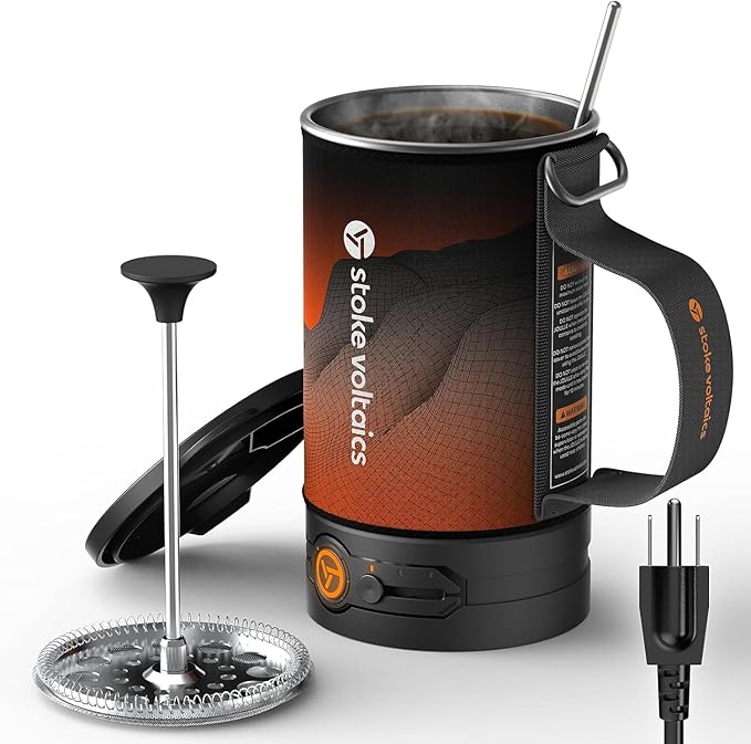 Stoke Voltaics Electric French Press Coffee Maker, 120V Boil Water & Press Coffee 2-in-1, Portable Design for Camping, Travel, 6 Minute Brew Ready
