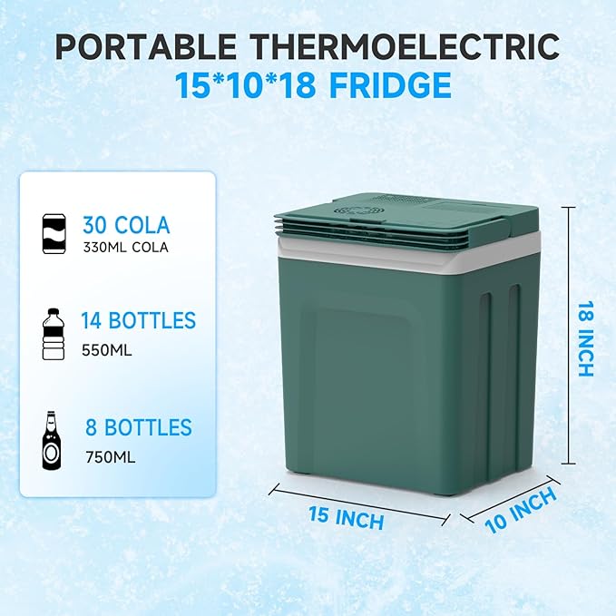Electric Cooler & Warmer with Handle 26.5 Quart/25L Portable Thermoelectric Fridge for Vehicles & Trucks with 110V AC & 12V DC, 12V Car Cooler for Camping, Travel Army Green
