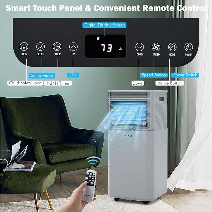COSTWAY Portable Air Conditioners, 8000 BTU Portable AC Unit with Remote Control, Cooling for Room Spaces up to 230 sq.ft, with Sleep Mode, 24H Timer, Dehumidifier, Fan (8000 BTU, Grey)
