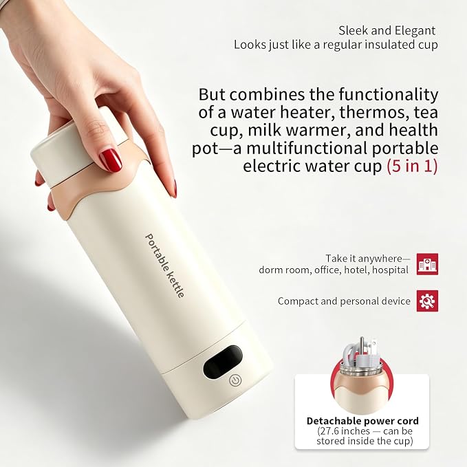 Insulated Stainless Steel Electric Kettle Small, Smart Water Bottle with 4 Temperature Control, Leak-Proof, Mini Travel Essentials Portable Office Gifts for Tea Lovers, Cream
