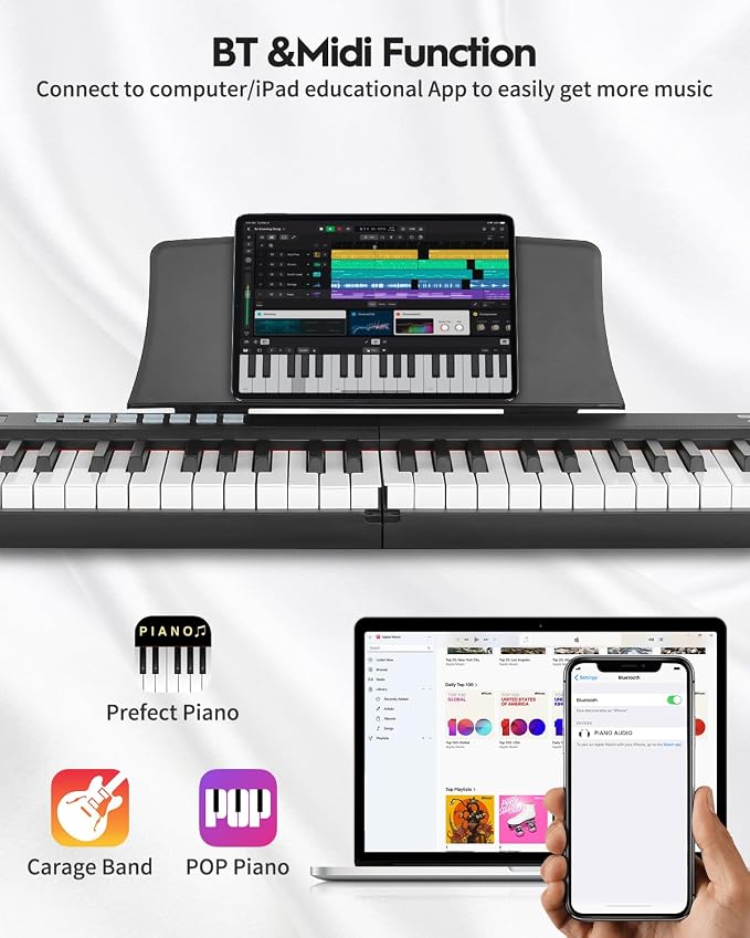 STRICH 88 Key Digital Piano Foldable Full Size Electric Keyboard with Semi-Weighted Sensitive Keys, Portable Piano Set for Beginner, Bundle with Sustain Pedal, Headphones, Music Rest, Black, SEP-88F