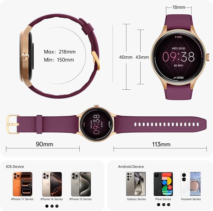 Woneligo Smart Watch for Women,1.57inch AMOLED Touchscreen Fitness Watch for iPhone & Android,Heart Rate/Sp02/Sleep Monitor,110+ Sport Modes IP68 Waterproof Bluetooth Calls (Purple, 1.57)
