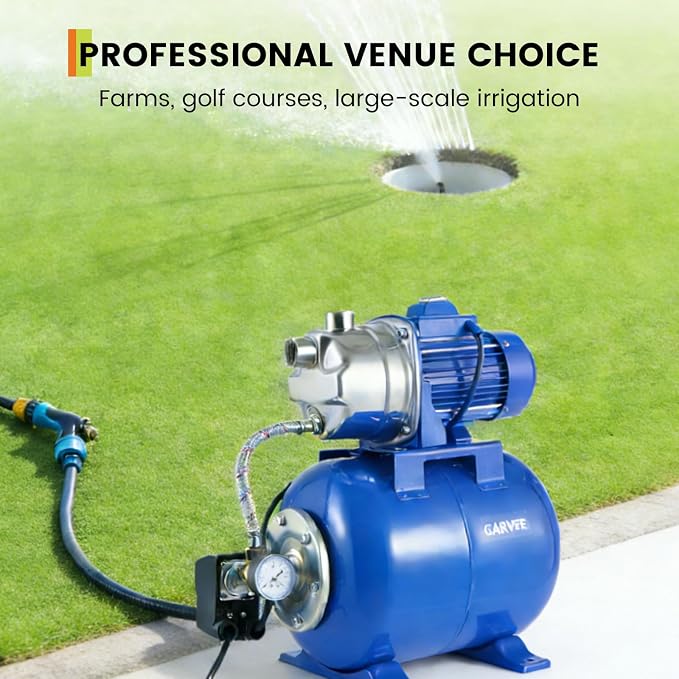 Garvee 1.6 HP Shallow Well Pump with Pressure Tank, 1320 GPH, Water Jet Irrigation Pump, Automatic Pressure Switch, Stainless Steel, for Home, Farm, Garden & Yard, Blue