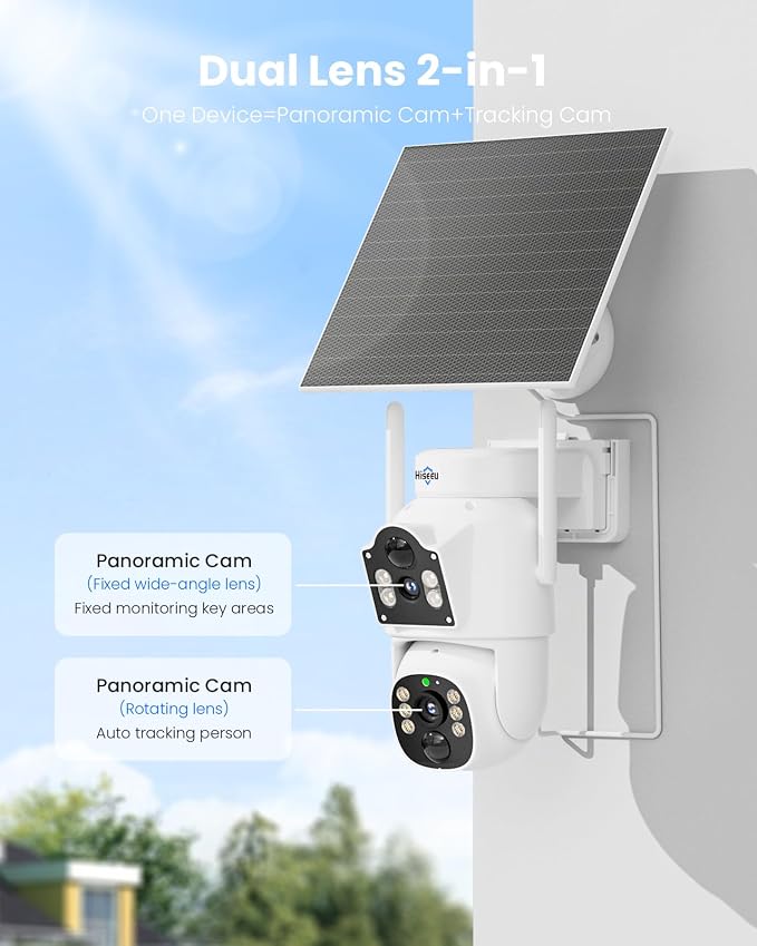 Hiseeu 4MP Dual Lens Wireless Solar Camera Outdoor for Home Security | 5G & 2.4G WiFi Pro, Auto Tracking, 360°PTZ, Motion Detection, 2-Way Audio, Color Night Vision, IP66 Waterproof