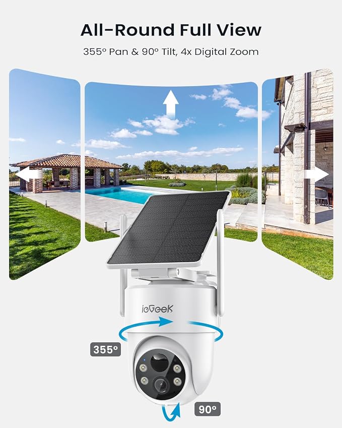 ieGeek 2 Pack S5 Solar Security Cameras Wireless Outdoor – 2K 3MP WiFi Camera with Removable Solar Panel, 360° Pan Tilt, Color Night Vision, AI Detection, 2-Way Audio, IP66 for Home Security