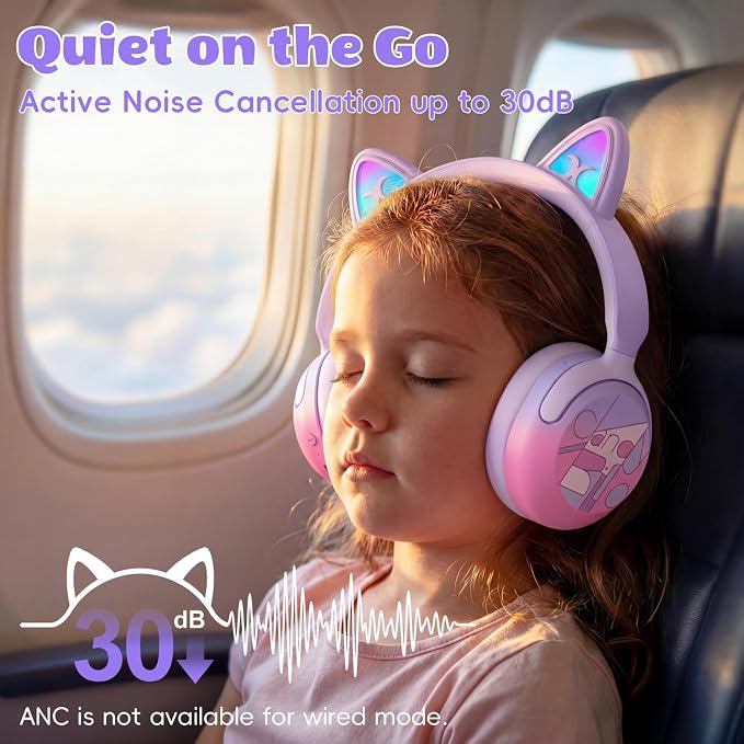 Candy Bila Kids Bluetooth Headphones with LED Cat Ears, Active Noise Cancelling Headphones, 85dB Safe Volume, 40H Play Time, Bluetooth 6.0, Built-in Mic for iPad/Tablet/Airplane, Purple