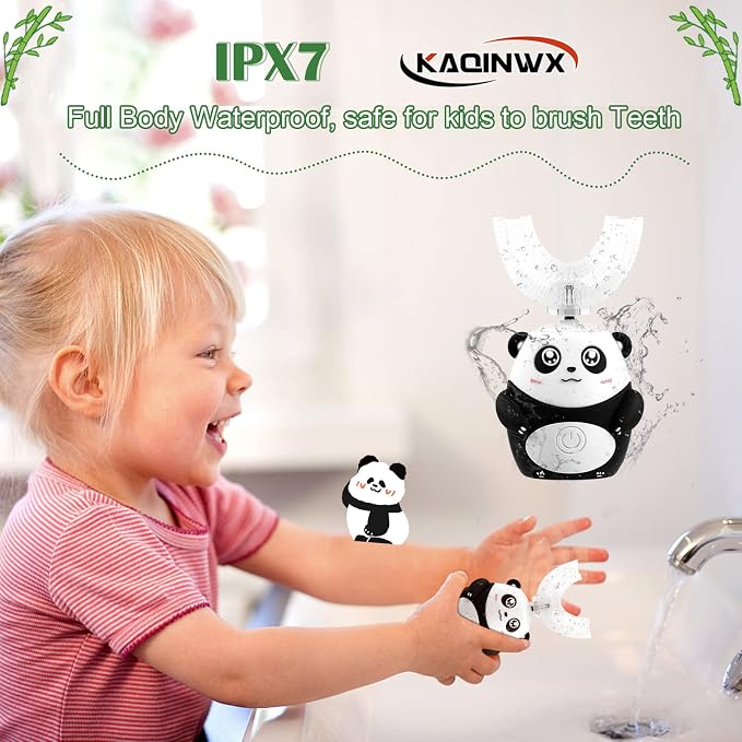 Kids U Shaped Electric Toothbrush for Age 2-12, Rechargeable Toddler Toothbrush with 60S Smart Timer, Panda Design, IPX7 Waterproof & 360°Cleaning,Develop Kids' Brushing Habits