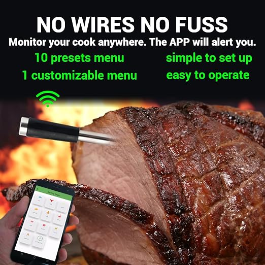 Wireless Meat Thermometer with 2 Meat Probes, Bluetooth 5.2 with App Control, Compatible with iOS & Android, IP68 Waterproof, Fast Charging & Magnetic Smart Food Thermometer for Oven Grill BBQ