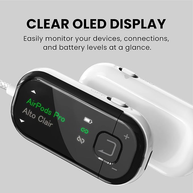 Avantree Voyager – OLED Display & Latest Auracast Bluetooth 5.4 Adapter for Airplane, Qualcomm Chip & aptX Adaptive, Wireless Audio Transmitter for Headphones, AirPods, Travel & Flight