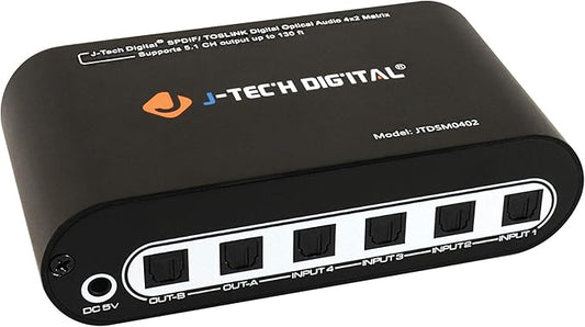 J-Tech Digital Premium Quality SPDIF TOSLINK Digital Optical Audio 4x2 Matrix (4 Inputs 2 Outputs)