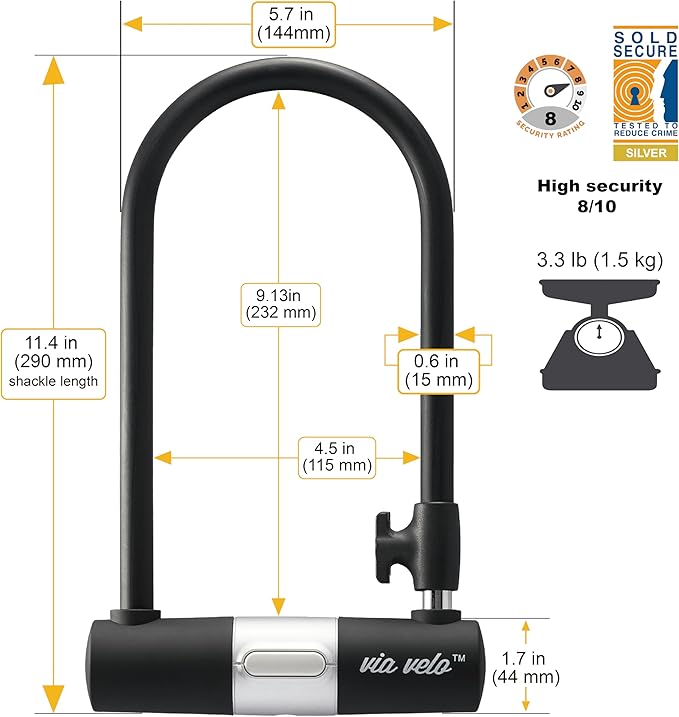 Bike U Lock with Cable | Via Velo Heavy Duty Anti-Theft Bicycle U Lock Sold Secure Silver 15mm Shackle Inner Dim 9 x 4.5 in with 10mm x 6Ft Length Cable Security Lock for Bike Electric Bike Scooter