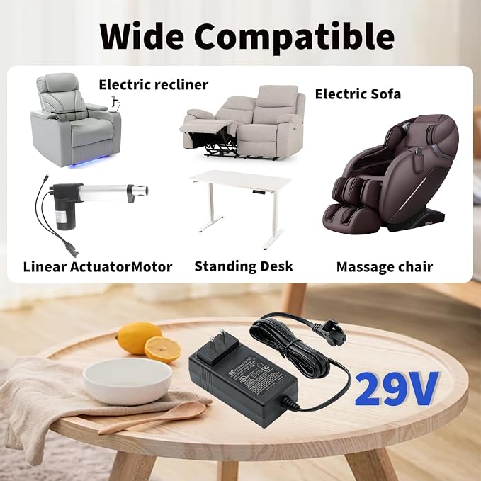 29V Recliner Power Supply with 2 Pin Splitter Lead Y Power Cable for Lift Chairs Electric Power Recliners and Adjustable Beds AC/DC Switching Power Supply Transformer