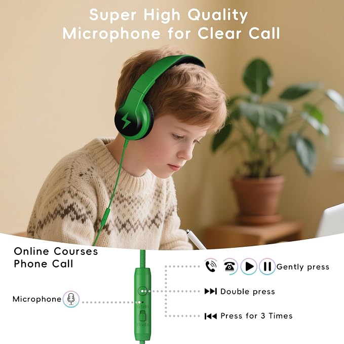Candy Bila Kids Headphones, Wired Headphones for Kids Over Ear with Microphone, Foldable Headphone for Learning & Entertainment, Black and Green