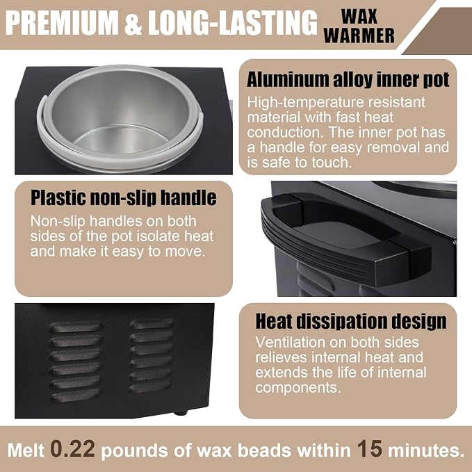 Electric Wax Warmer Machine for Body Hair Removal Hot SPA Aluminum Heater with Wooden Wax Sticks-Single Pot (Black)