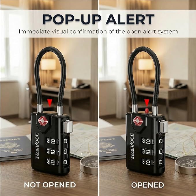 • TRAVOCE TSA Approved Luggage Locks - Heavy Duty 3 Digit Combination Cable Lock, Search Alert for Suitcases, Backpacks, Golf Bags, Tents, Violin and Camera Cases, 6 Pack, Black