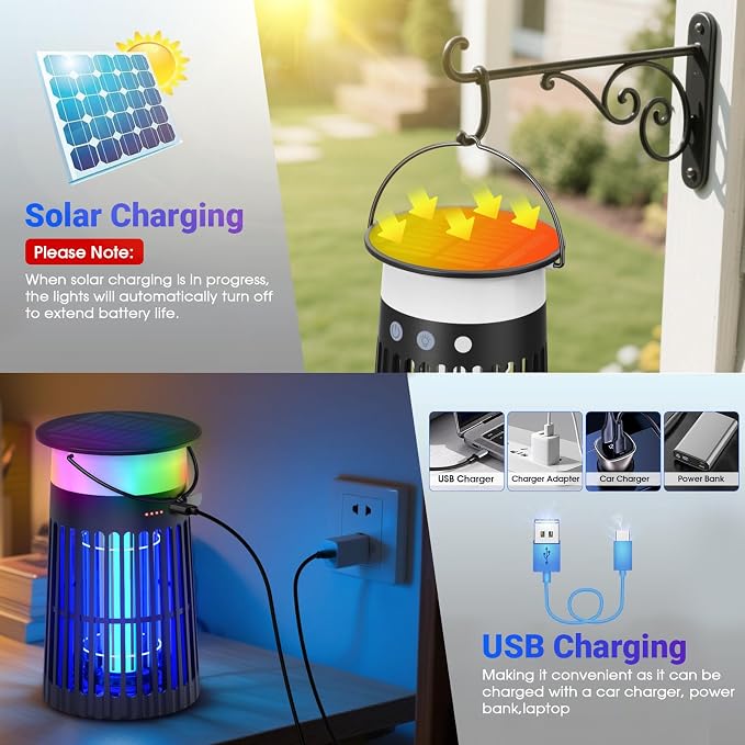 Solar Bug Zapper Outdoor, Portable Electric Mosquito Killer with Panel Sensor, Rechargeable Insect Trap with LED Night Light and Flame Effect, Ideal for Outside Patio, Backyard, and Camping (1 Pack)