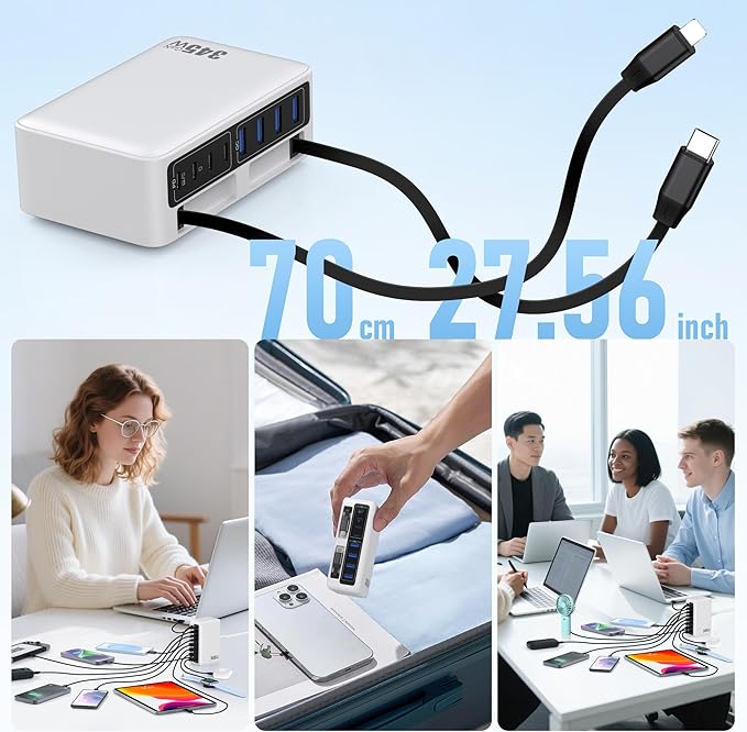 345W USB C Charger 10 in 1 Retractable Wall Charger with 2 Cables,GaN 6 USB C Charging Station Phone Charging PD Laptop Charger Adapter for MacBook Pro/Air,DELL,iPhone17/16/15,Galaxy S24,Android etc