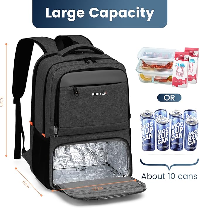 RUCYEN Lunch Backpack, Insulated Cooler Backpack Lunch Box for Men Women, 15.6 Inches RFID Blocking Laptop Backpack with USB Port Lunch Bag for Work Travel Black
