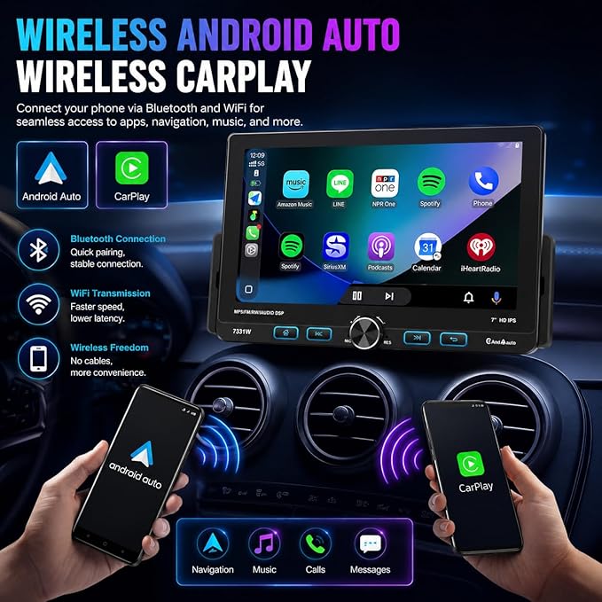 7 Inch Single Din Car Stereo Wireless Apple CarPlay & Android Auto, Detachable Rotatable HD Touchscreen Radio with Bluetooth 5.2, FM AM RDS, USB Type-C, MP5 Player, Backup Camera Input, 4×25W