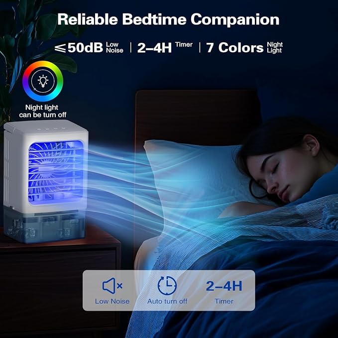 Portable Air Conditioners, 3-In-1 Mini Portable AC Unit 3 Speed with Icy Mist, 900ML Water Tank Cooling Fan with 2/4H Timer 7 Color Lights, Evaporative Cooler Fan for Car Bedrooms Offices Desk Rv Room
