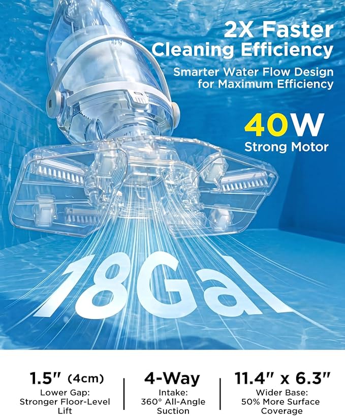 InoKraft Pool Vacuum for Above Ground Pool, Cordless Pool Vacuum for Inground Pools, Rechargeable Pool Cleaner with 18.5 GPM Suction, Above Ground Pool Vacuum with 59” Extendable Pole, Gray