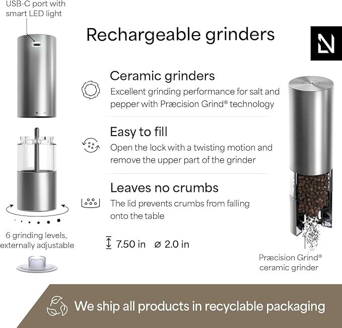 LARS NYSØM Electric Salt and Pepper Grinder Set I Automatic Salt and Pepper Mills with Adjustable Ceramic Grinder I USB Rechargeable Electric Spice Mill Set with LED Light (Stainless Steel)