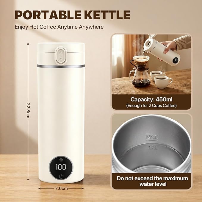Portable Travel Tea Kettle,6 Preset Temp Plug-in Keep Warm,15 OZ 304 Stainless Steel,Electric Small Hot Water Boiler,Auto Shutoff&Boil Dry Protection,Mini Kettle for Coffee,Tea,Hotel RV Travel,Beige