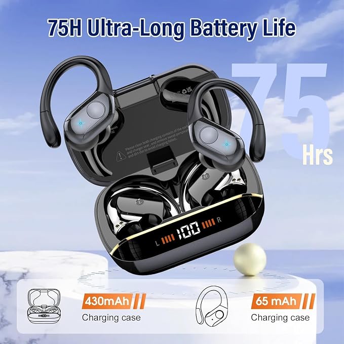 Qecnato Wireless Earbuds Bluetooth 5.4 Headphones 75H Stereo Deep Bass Sports Over Ear Buds with Earhooks, LED Display Bluetooth Earbuds with 4 ENC Mic, IP7 Waterproof Earphone for Running, Black