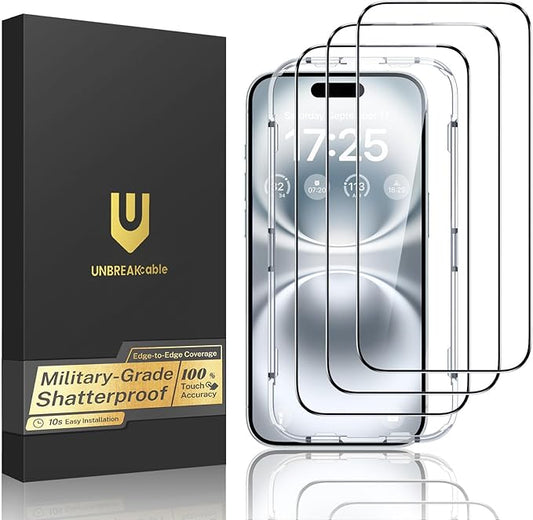 UNBREAKcable for iPhone 16 Plus Screen Protector, 3-Pack Full Coverage Tempered Glass [Military Grade Shatterproof] [9H Hardness] [Easy Installation Frame] [Bubble Free] for iPhone 16 Plus 6.7"