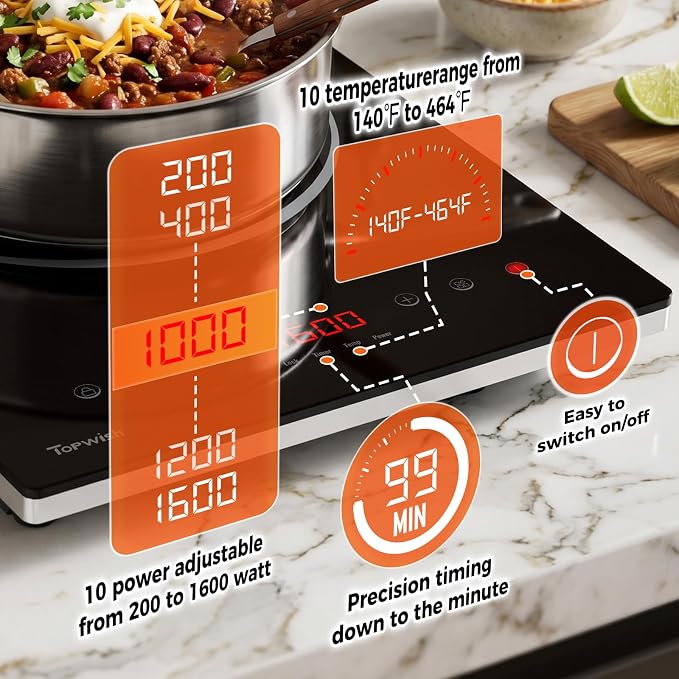 Induction Cooktop, TOPWISH Portable Hot Plate Electric Induction Burner, 10 Temp Levels up to 464°F, 110-120V Electric Stove Top Cooker with High Energy Efficiency & Kids Lock for Cooking, 1600W