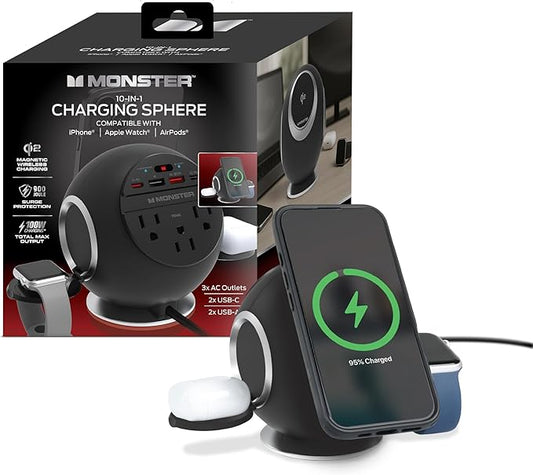 Monster 10 in 1 Charging Station, Includes 3 AC Outlets, 2 USB-A Ports, 2 USB-C PD Ports (65W Max), 3 Wireless Chargers Compatible with Qi Compatible Phones (15W), Apple Watch (5W), Air Pods (2.5W)