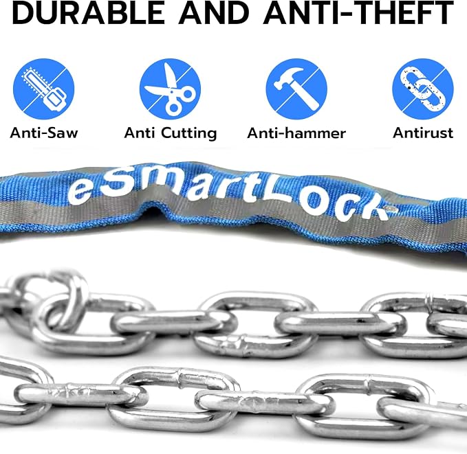 Chain Lock eLinkSmart Keyless Waterproof Bicycle 100CM Chain Lock for Bike Scooter Motorcycle Door Fence Gate Fingerprint Bluetooth App Heavy Duty Security Blue