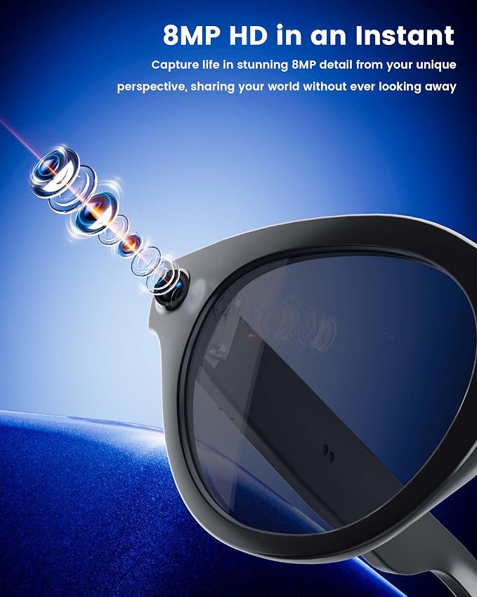 AI Smart Glasses with 8MP Camera, Continuous 12-Min 1200P Video Recording, Real-Time Translation & Voice Assistant, Open-Ear Bluetooth Audio for Vlogging, Travel & Meetings