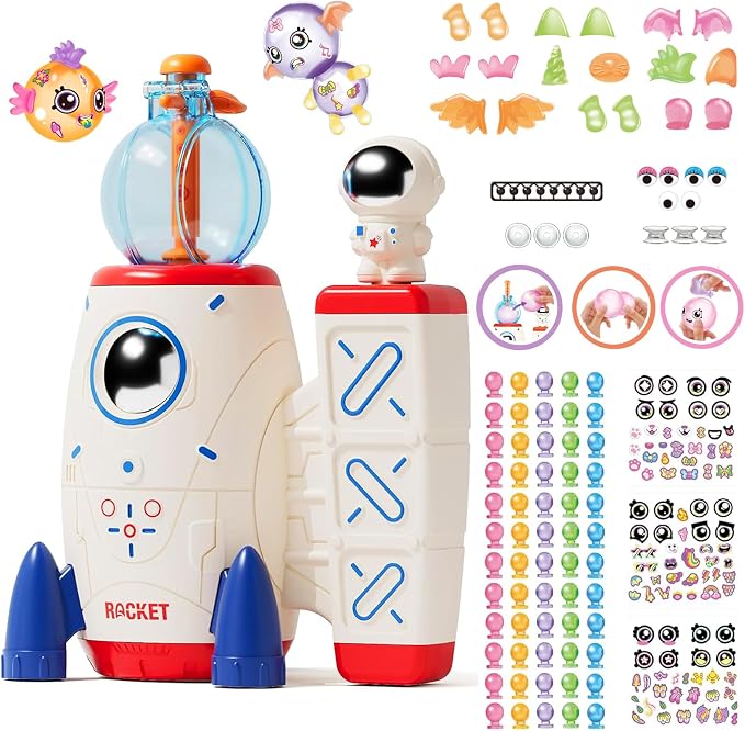 sticky balloon Rocket kit Ages 3-8 with Air Rocket Pump(4.28" x 5.9" x 7.08") Soft balloon, Stickers & Eyes Build Balloon Animals No Glue No Mess, Screen-Free Travel Gift for Girls Boys