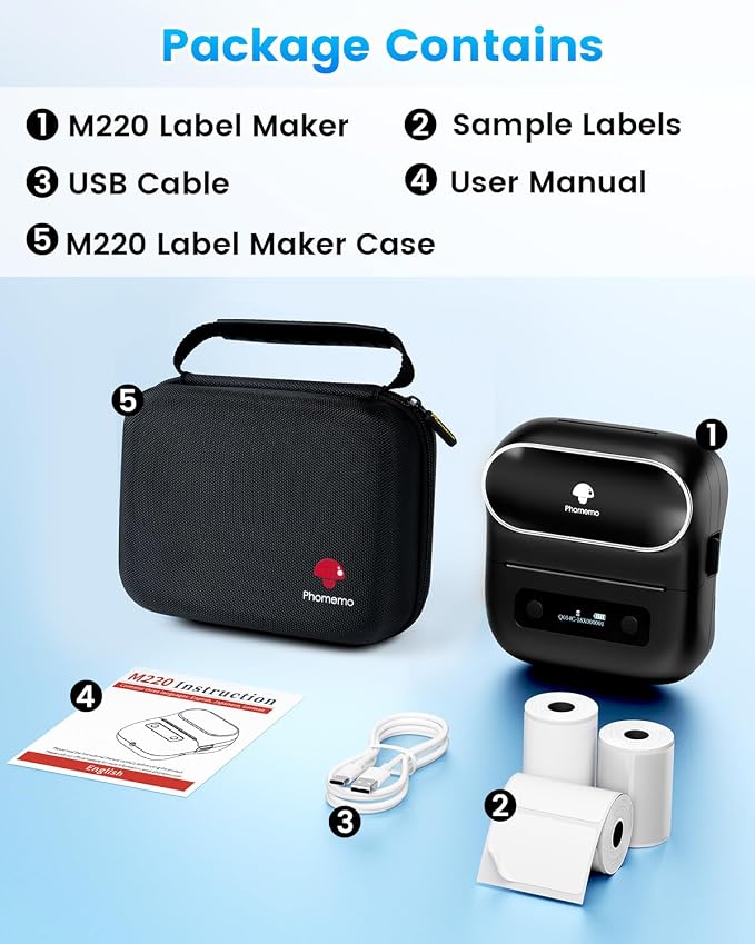 Phomemo Label Maker, M220 Thermal Label Printer, 80mm Portable Bluetooth Barcode Printer Compatible with Andriod/iOS for Home, Office, Small Business, with 3 Packs Label & Case