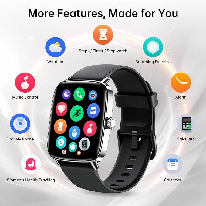 Gydom Smart Watch for Women and Men, 1.85" HD Fitness Trackers for iPhone/Android/Samsung (Answer/Make Calls), Heart Rate/Sleep/SpO2 Monitor, 101+ Sports Modes, IP68 Waterproof, 2 Bands, Black