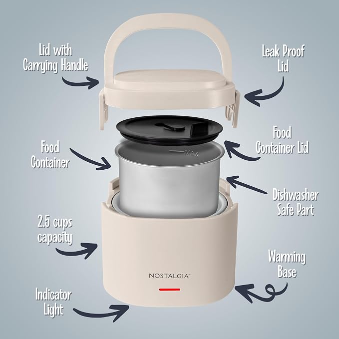 Nostalgia Portable Heated Lunch Box – 2.5-Cup Stainless Steel Food Warmer – Detachable Cord, Leak-Proof Lid, Carry Handle – Portable for Work & Travel – Oatmeal